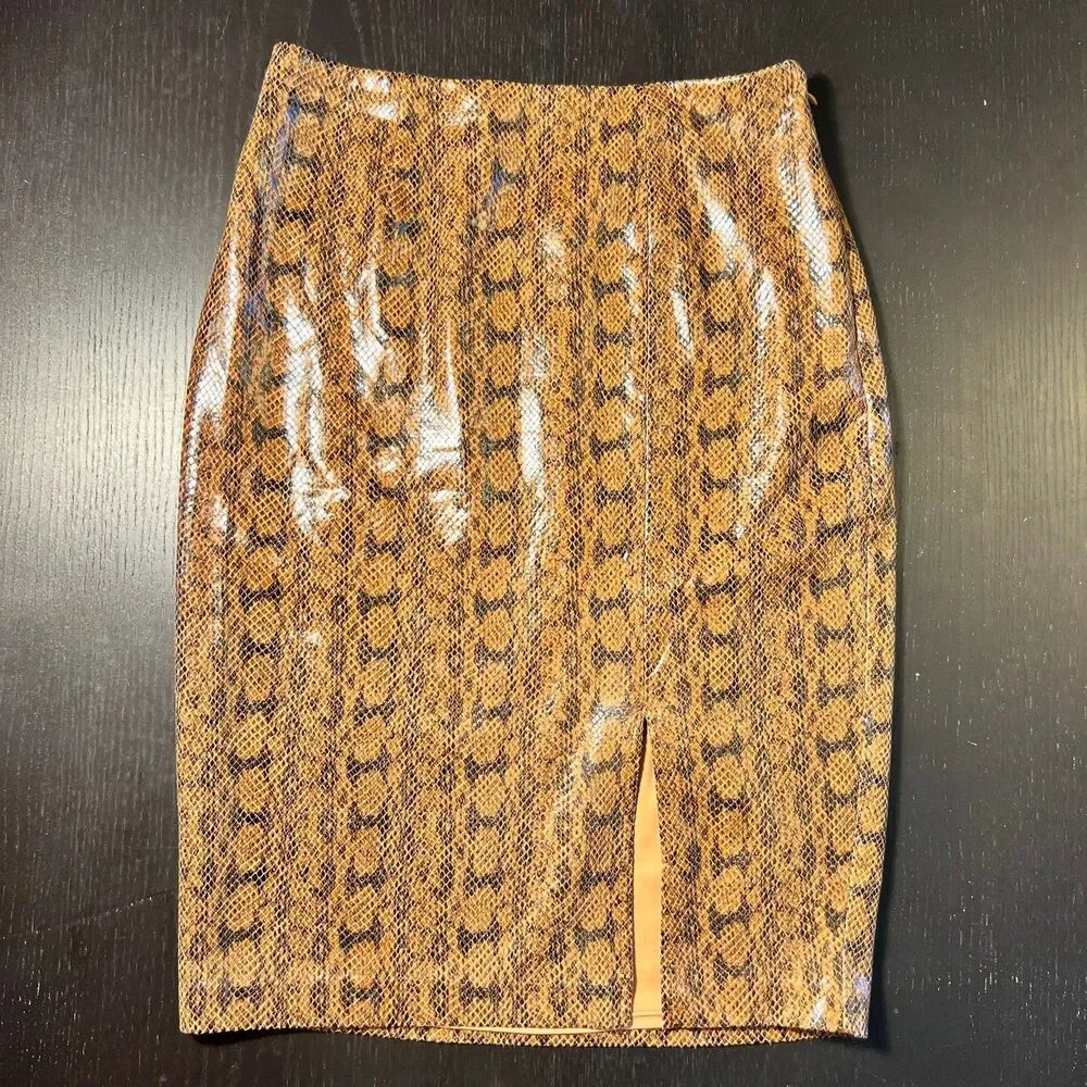 Express Sz 4 Faux Snakeskin Leather Pencil Straight Skirt Brown Black Side Slit